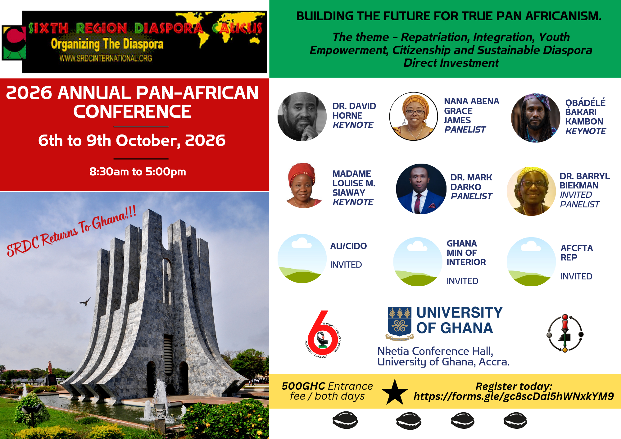 SAVE THE DATE: Sixth Region Diaspora Caucus (SRDC) Pan African Conference, October 6-9, 2026, University of Ghana